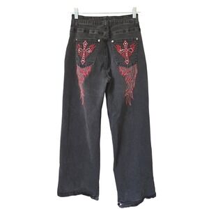 Y2K Hot Topic Womens 5 Jeans Black Rhinestone Cross Wings Embroidery Grunge